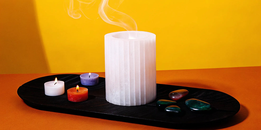 Selenite tower on altar for crystal cleansing.