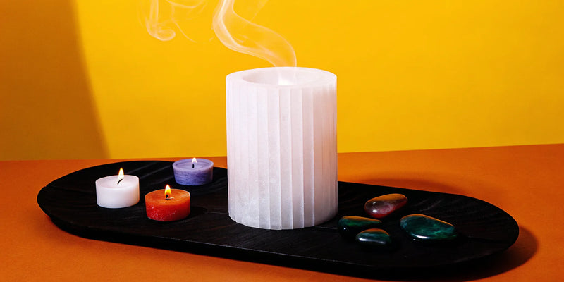 Selenite tower on altar for crystal cleansing.