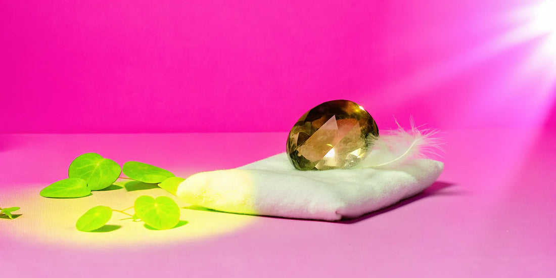 Citrine crystal with feather and leaves.