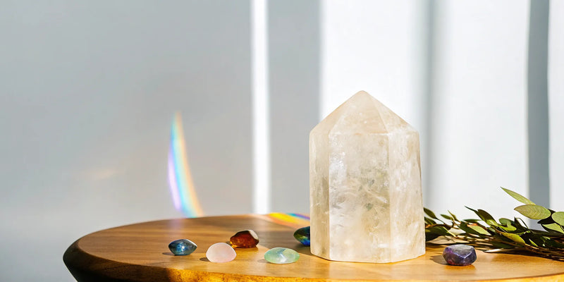 Large clear quartz tower on wooden altar.