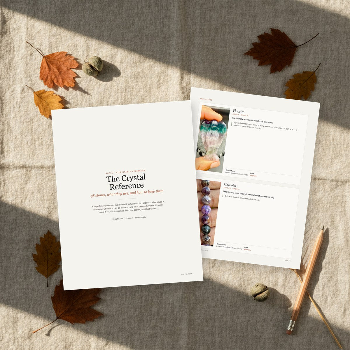 The Crystal Reference printed and laid on linen with dried autumn leaves