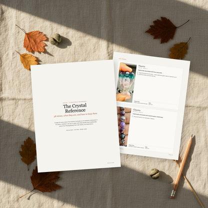 The Crystal Reference printed and laid on linen with dried autumn leaves