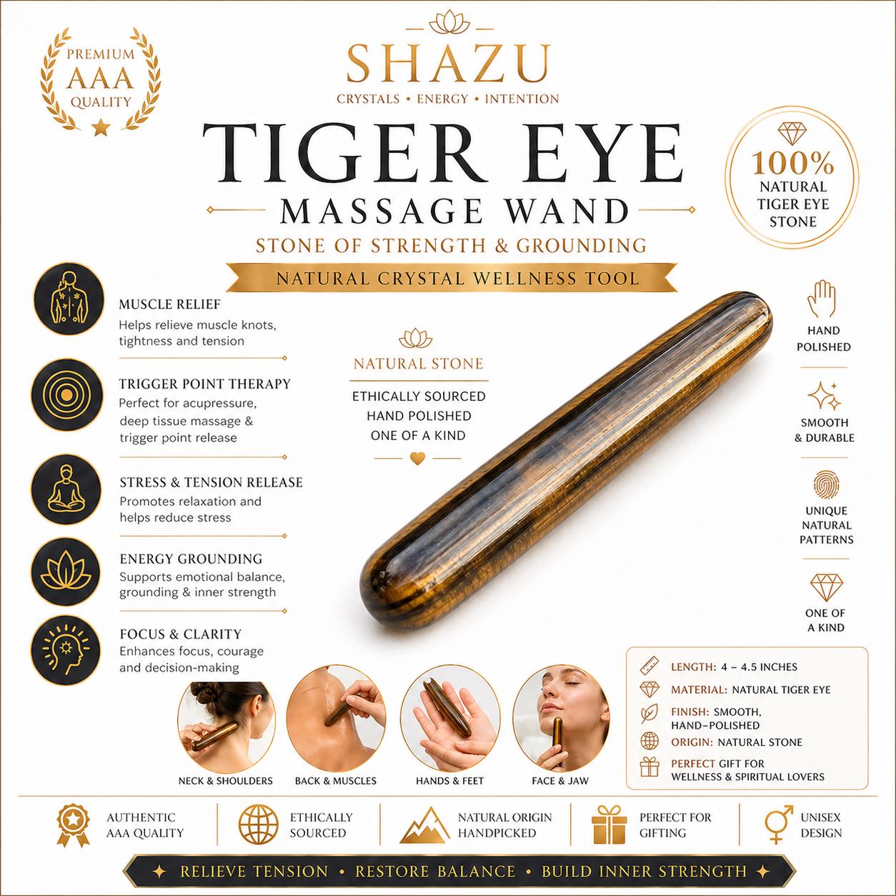 Shazu Tiger Eye Massage Wand with product details on a white background