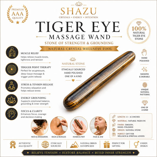 Shazu Tiger Eye Massage Wand with product details on a white background