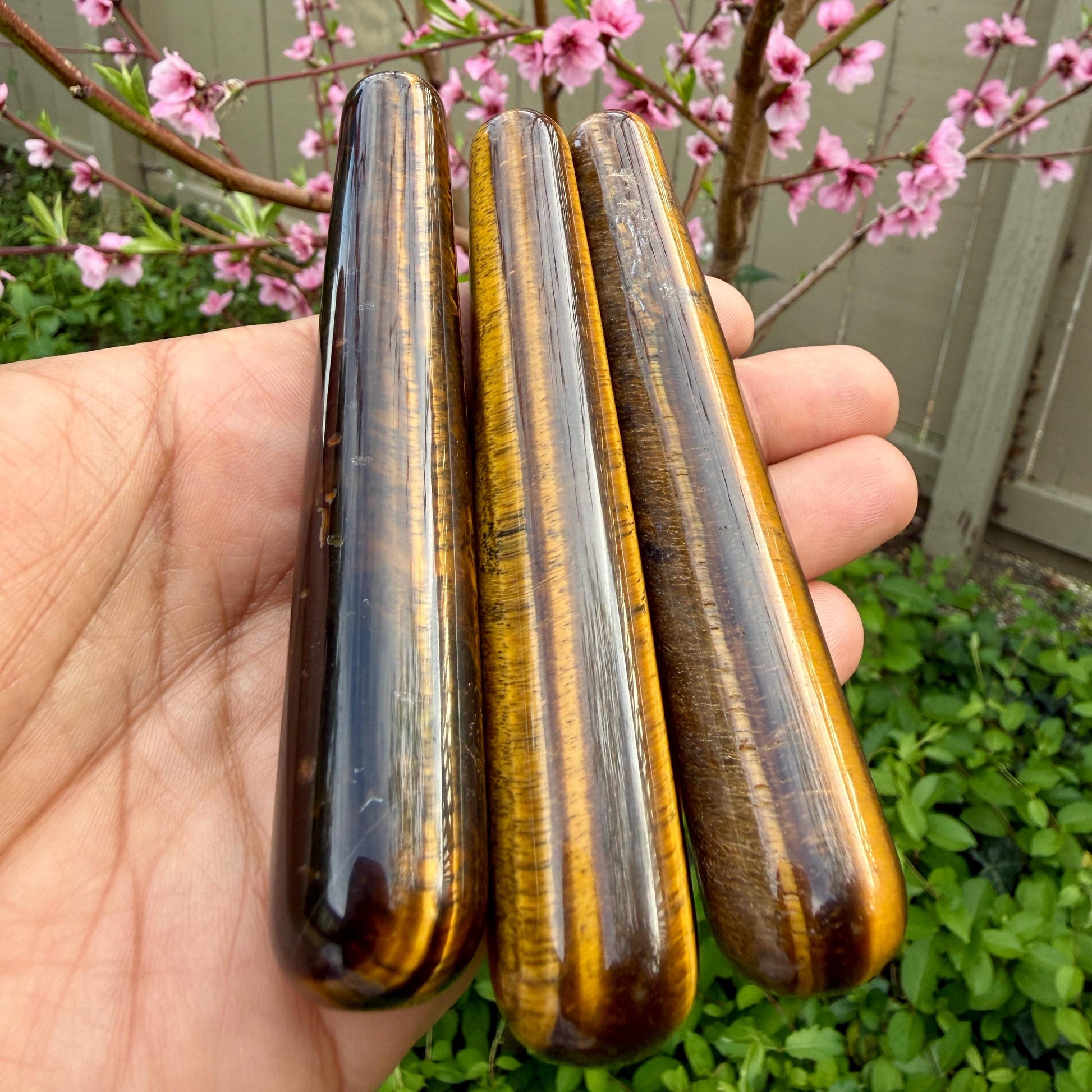 Three tiger eye stones held in a hand with a blurred background of greenery and pink flowers.