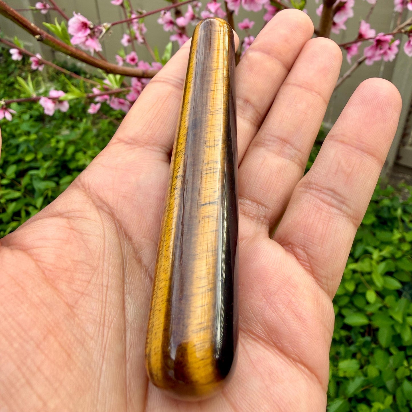 Tiger's eye stone held in a hand with a blurred natural background