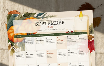 Close view of the calendar's first weeks, showing a named practice on every day