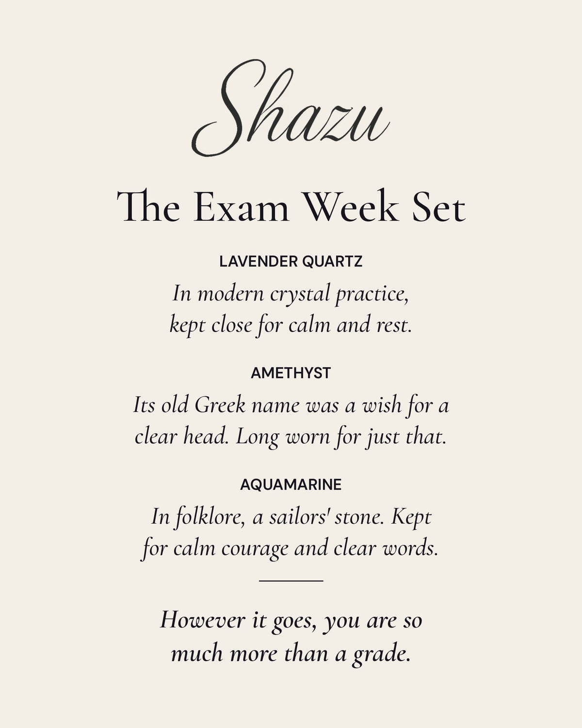 The Exam Week Set card: one line on each of the three stones and a closing note