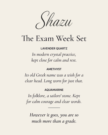 The Exam Week Set card: one line on each of the three stones and a closing note