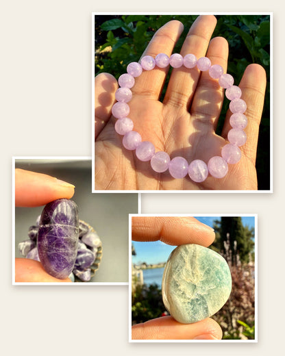Lavender quartz bracelet in an open hand, with an amethyst and an aquamarine tumbled stone held in fingertips: the three pieces in the Exam Week Set