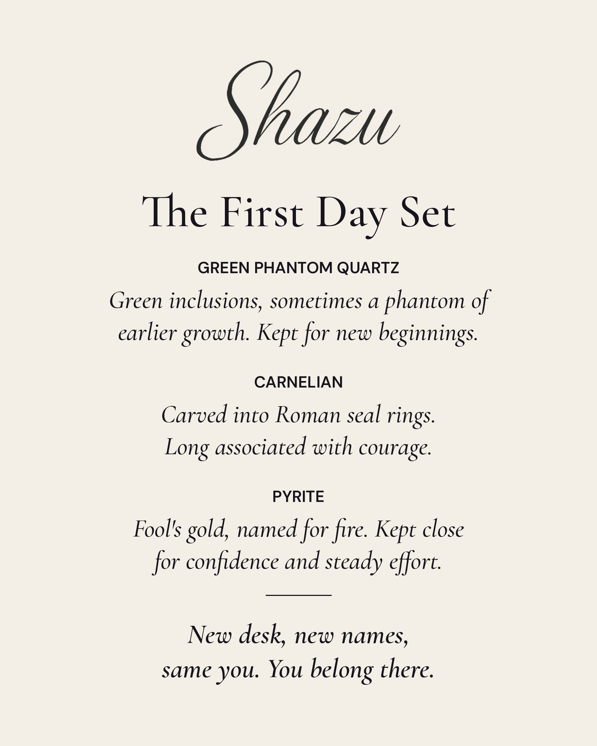 The First Day Set card: one line on each of the three stones and a closing note