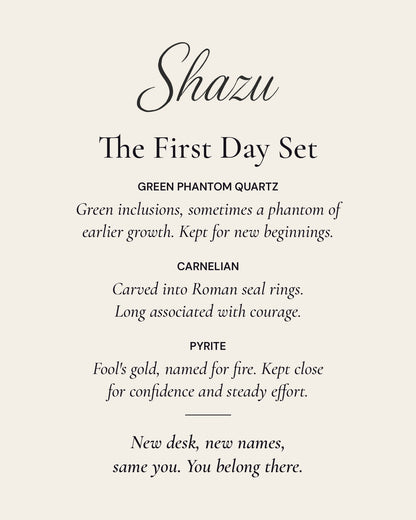 The First Day Set card: one line on each of the three stones and a closing note