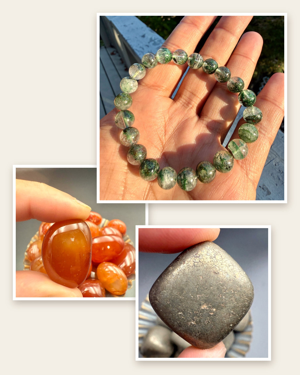 Green phantom quartz bracelet in an open hand, with a carnelian and a pyrite tumbled stone held in fingertips: the three pieces in the First Day Set