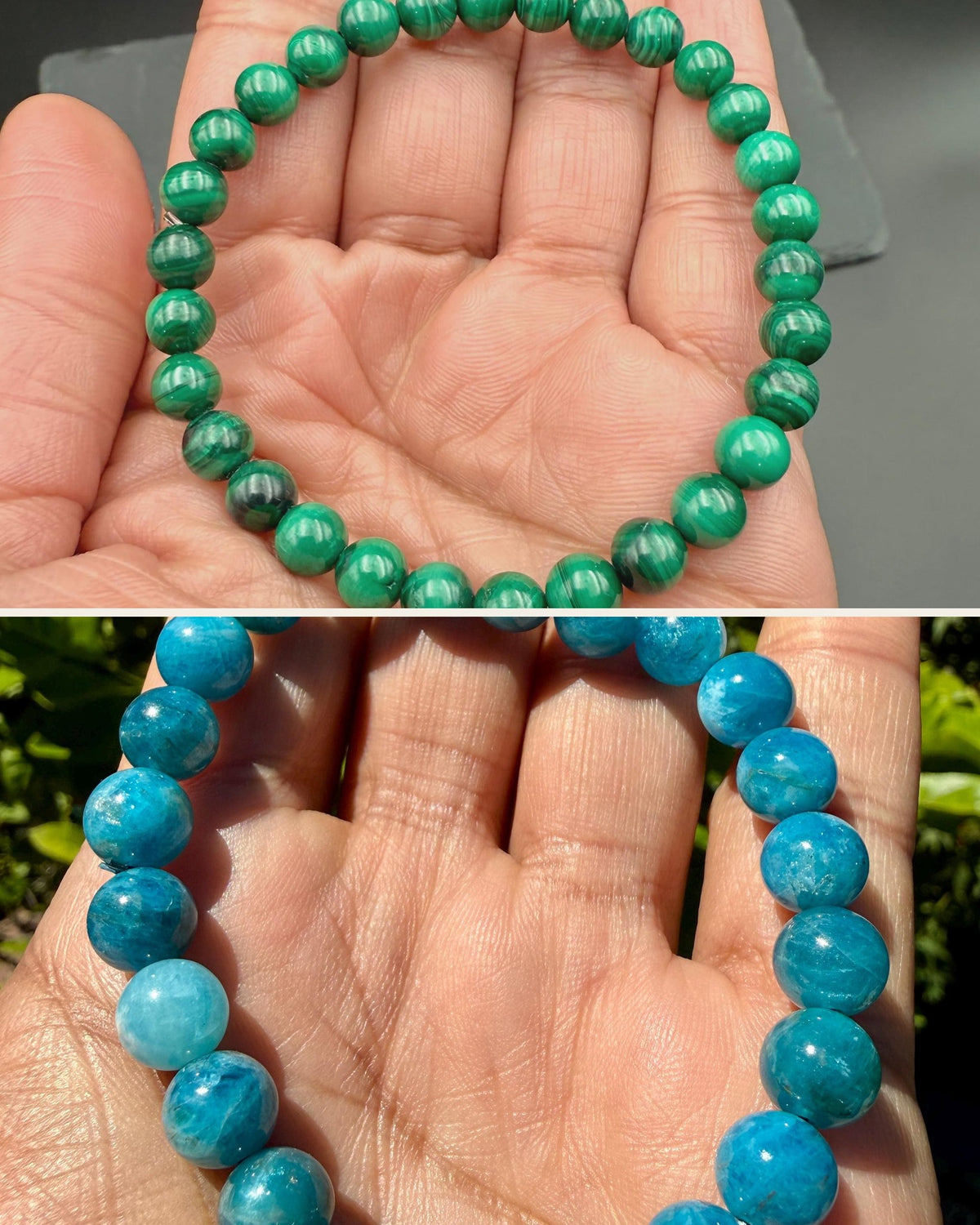 Malachite bracelet held in a palm above a blue apatite bracelet held in a palm outdoors
