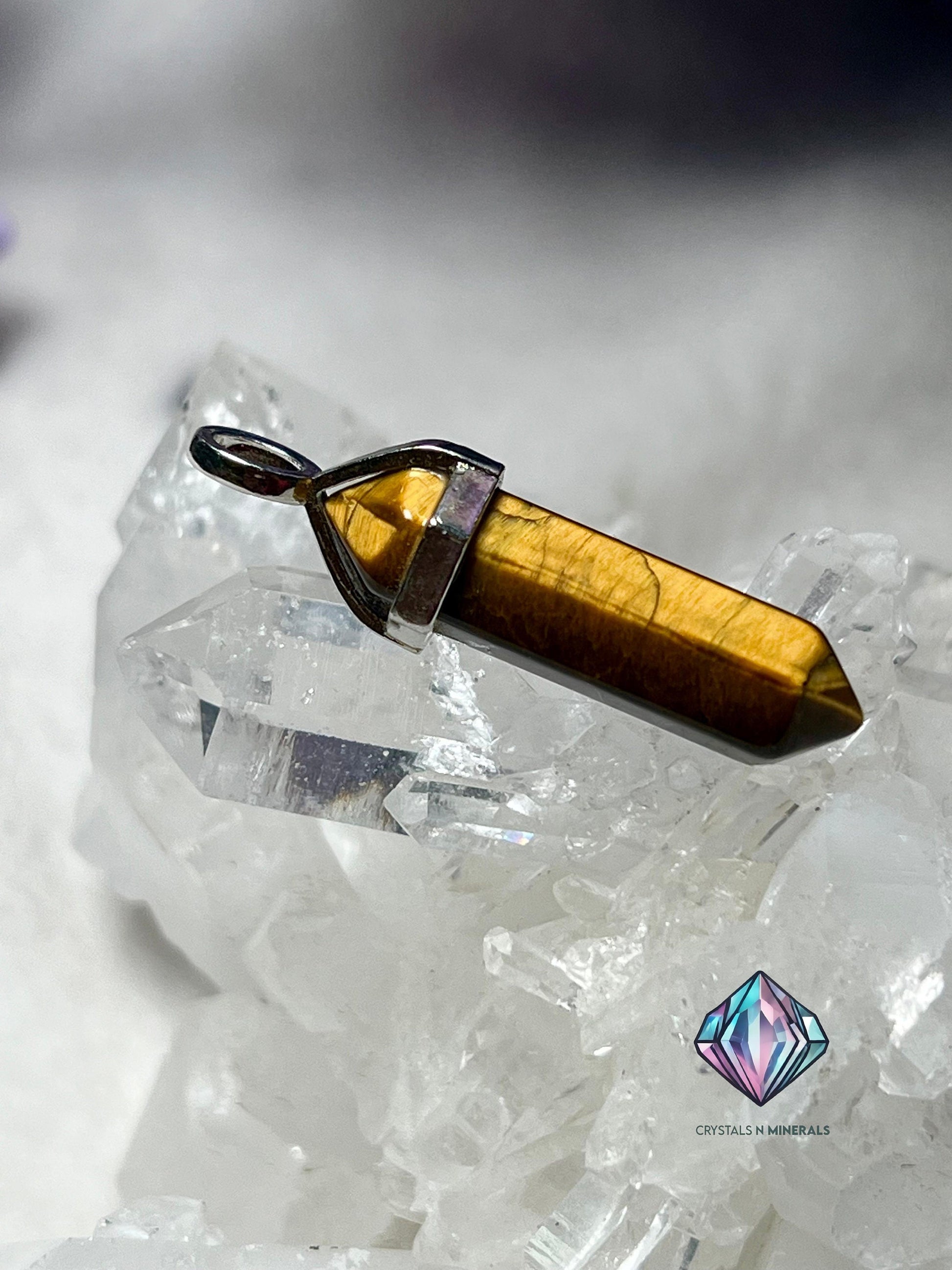 Tiger's Eye Stone Double Point Pencil Pendant with Black Cord