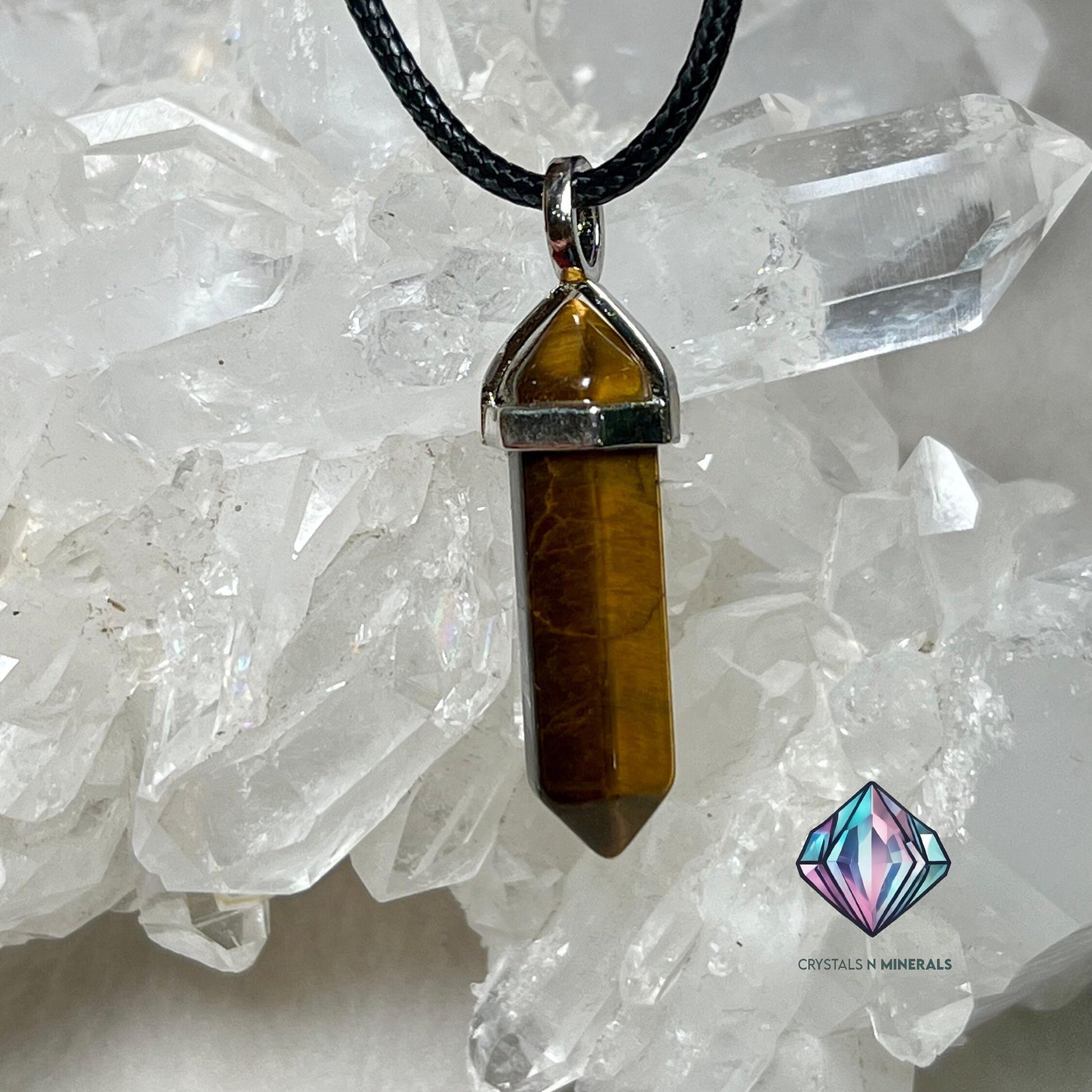Tiger's Eye Stone Double Point Pencil Pendant with Black Cord