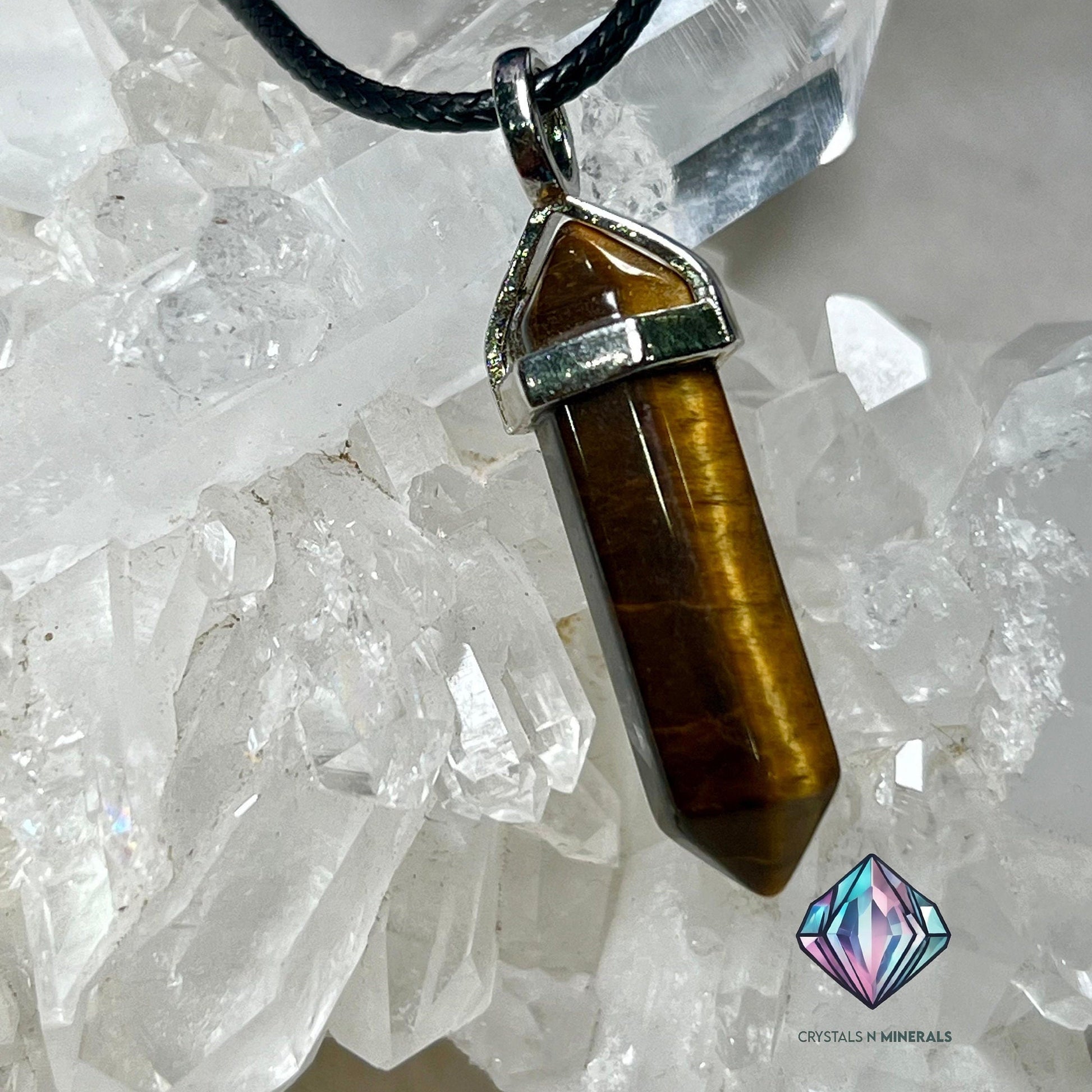 Tiger's Eye Stone Double Point Pencil Pendant with Black Cord