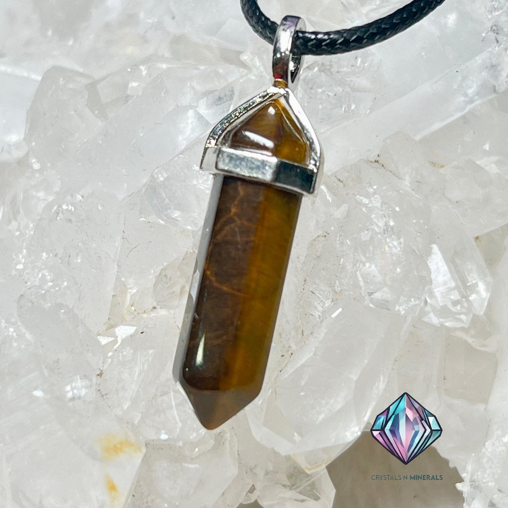 Tiger's Eye Stone Double Point Pencil Pendant with Black Cord