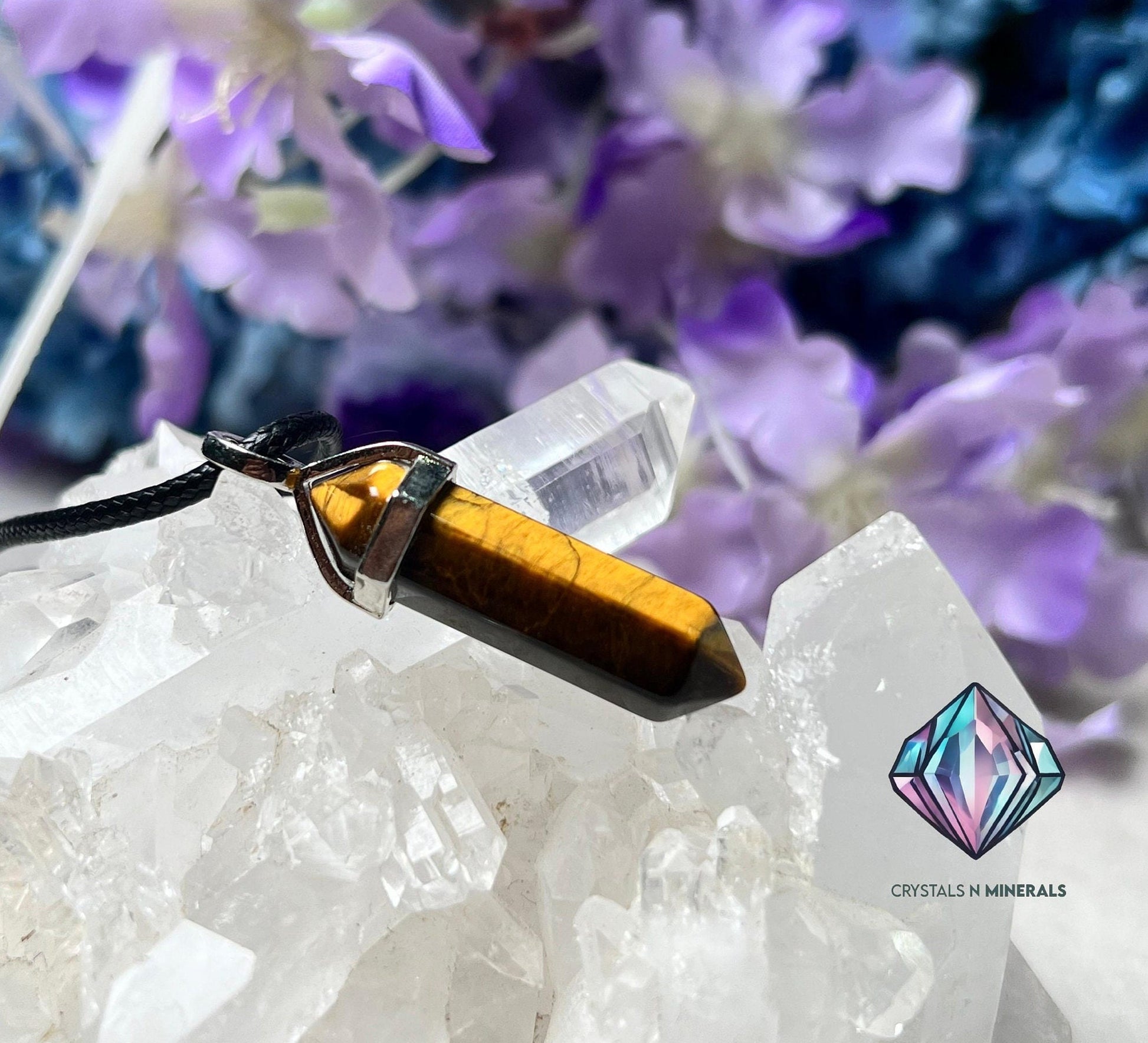 Tiger's Eye Stone Double Point Pencil Pendant with Black Cord