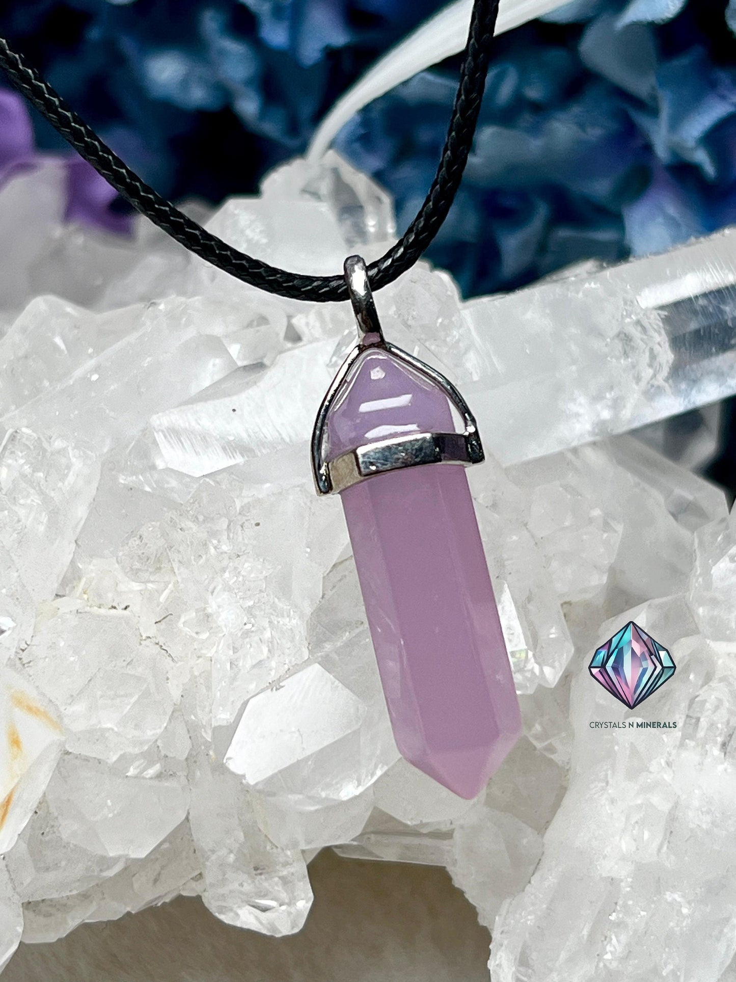 Blue Chalcedony Stone Double Point Pencil Pendant with Black Cord