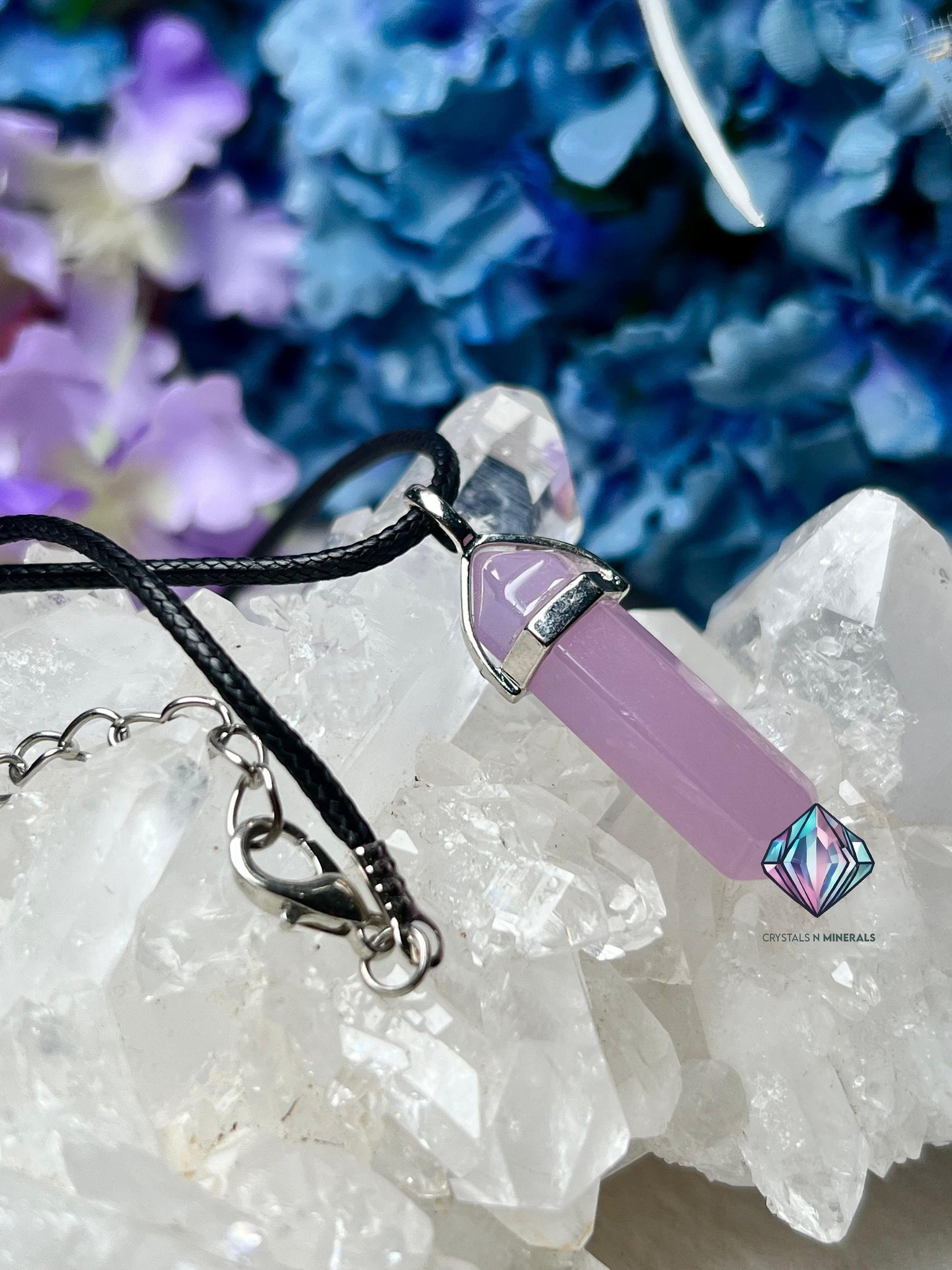 Blue Chalcedony Stone Double Point Pencil Pendant with Black Cord