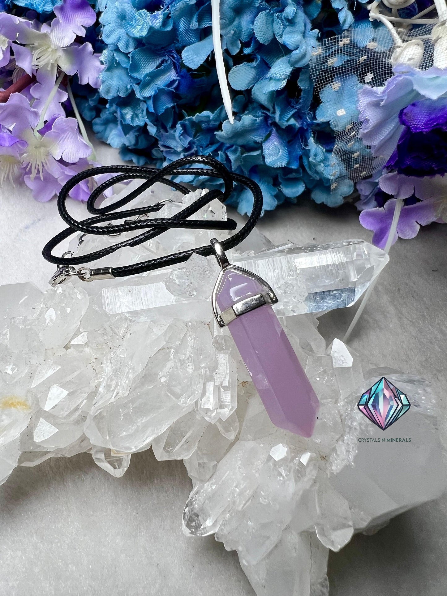 Blue Chalcedony Stone Double Point Pencil Pendant with Black Cord