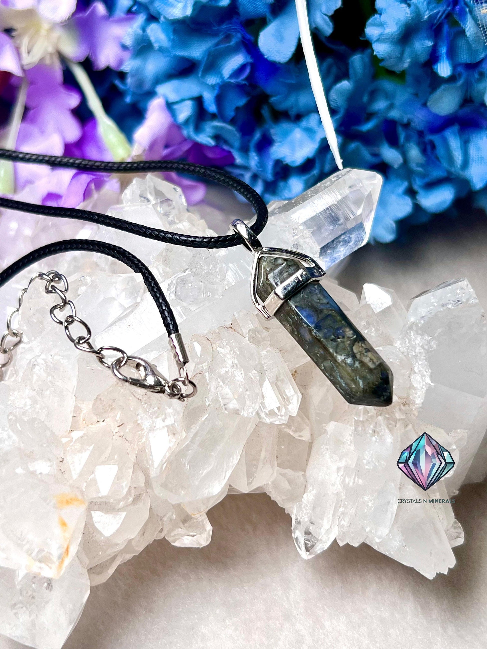 Liberite Que Sera Stone Double Point Pencil Pendant with Black Cord