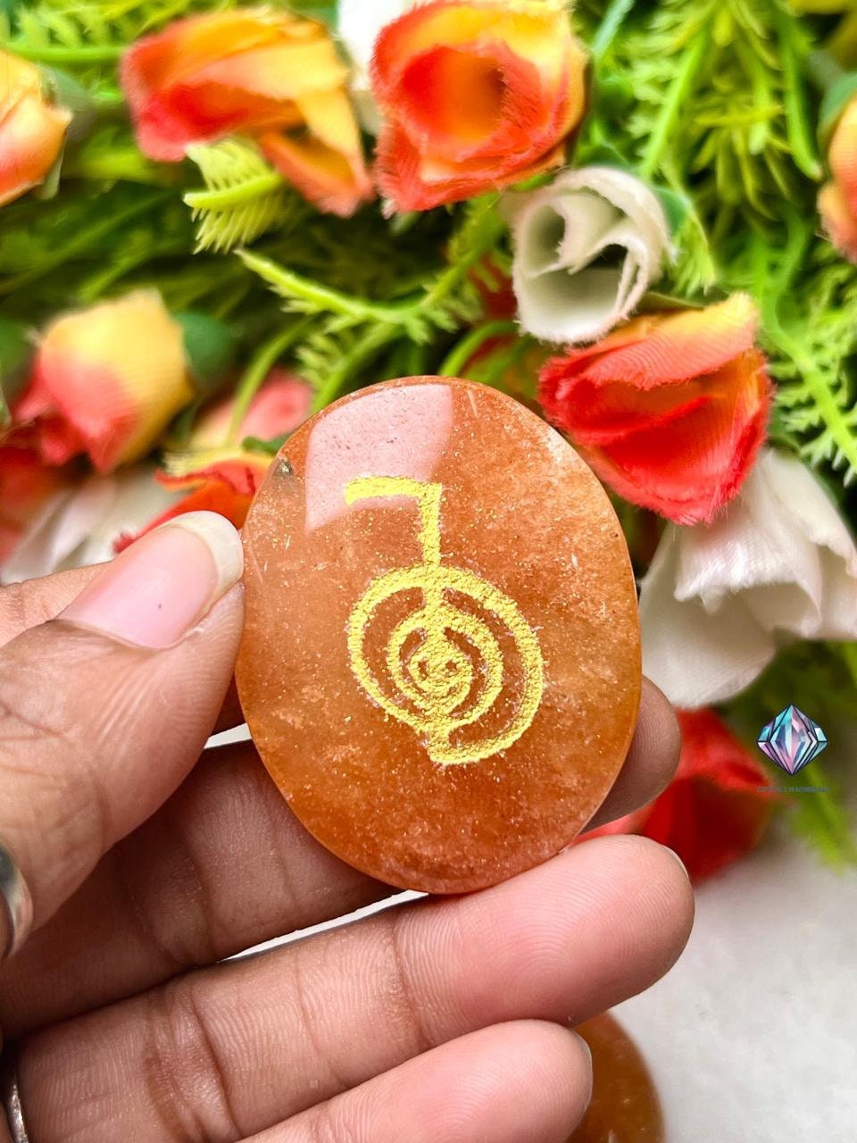 Orange Aventurine Stone Set Of 4 Usui Reiki Symbol Engraved Oval Shape Stone Cho Ku Rei l Sei Hei Ki l Hon Sha Ze Sho Nen l Dai Ko Myo