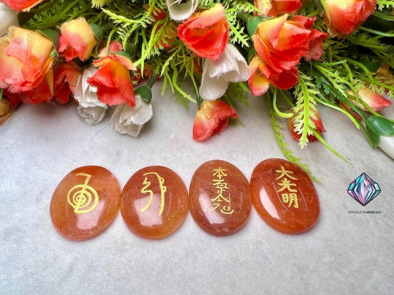 Orange Aventurine Stone Set Of 4 Usui Reiki Symbol Engraved Oval Shape Stone Cho Ku Rei l Sei Hei Ki l Hon Sha Ze Sho Nen l Dai Ko Myo