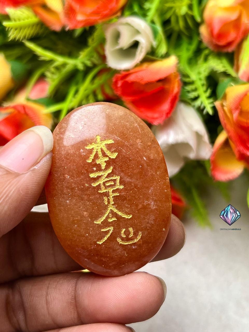 Orange Aventurine Stone Set Of 4 Usui Reiki Symbol Engraved Oval Shape Stone Cho Ku Rei l Sei Hei Ki l Hon Sha Ze Sho Nen l Dai Ko Myo