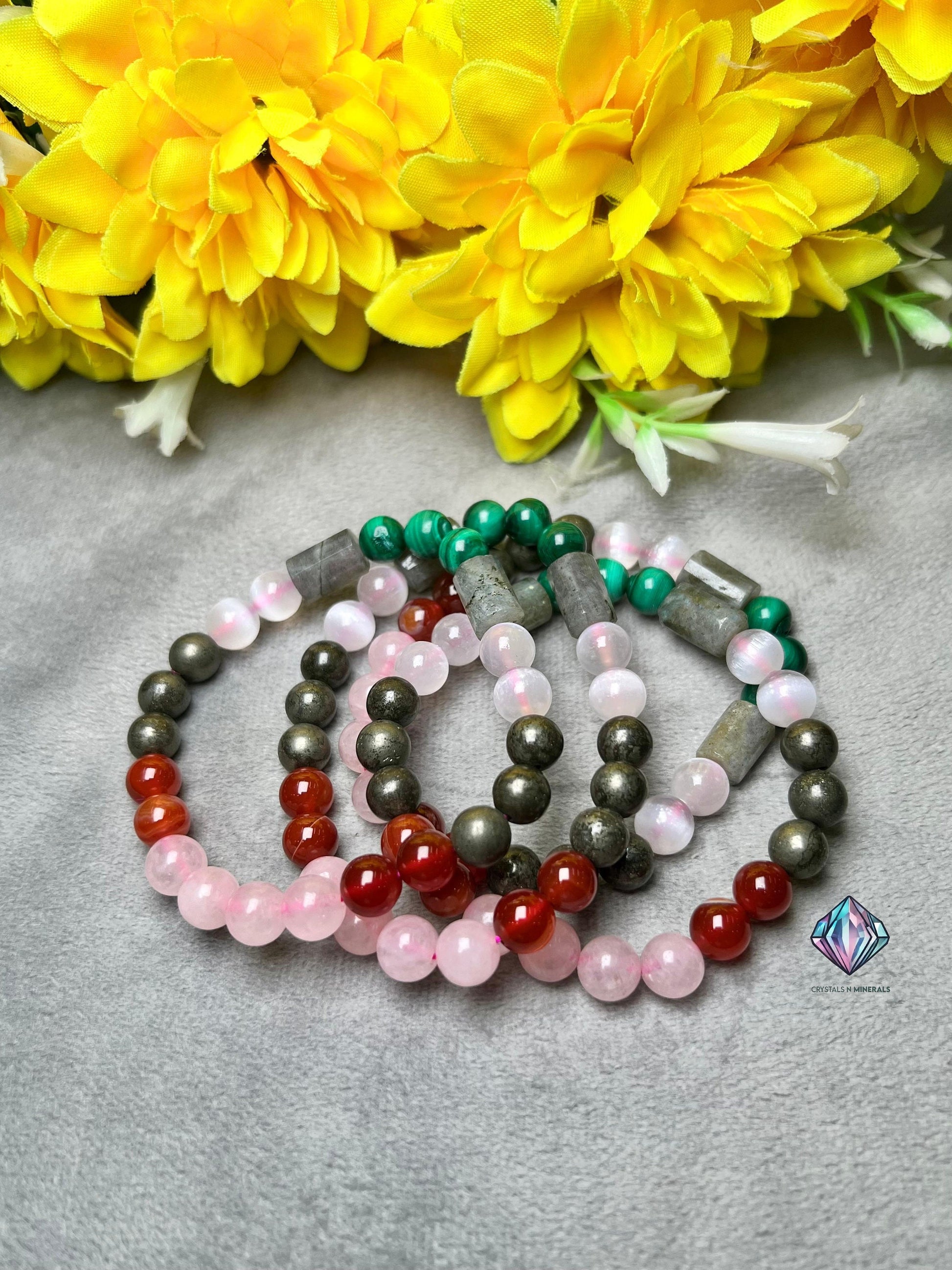 Tarot Card Reader Stone Bracelet Rose Quartz ,Carnelian , Selenite , Malachite , Labradorite ,Pyrite Stone Bracelet 8 mm