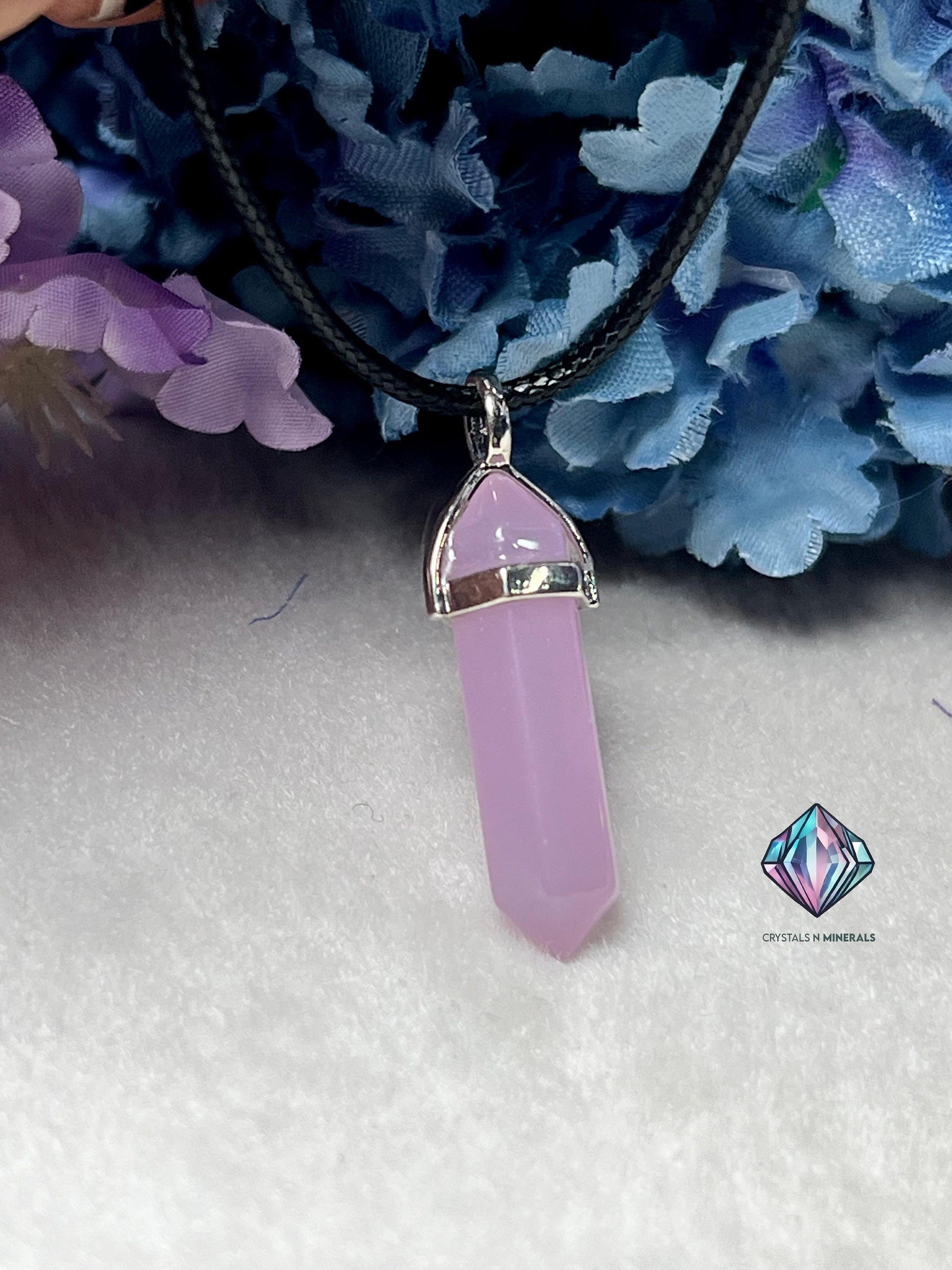 Blue Chalcedony Stone Double Point Pencil Pendant with Black Cord