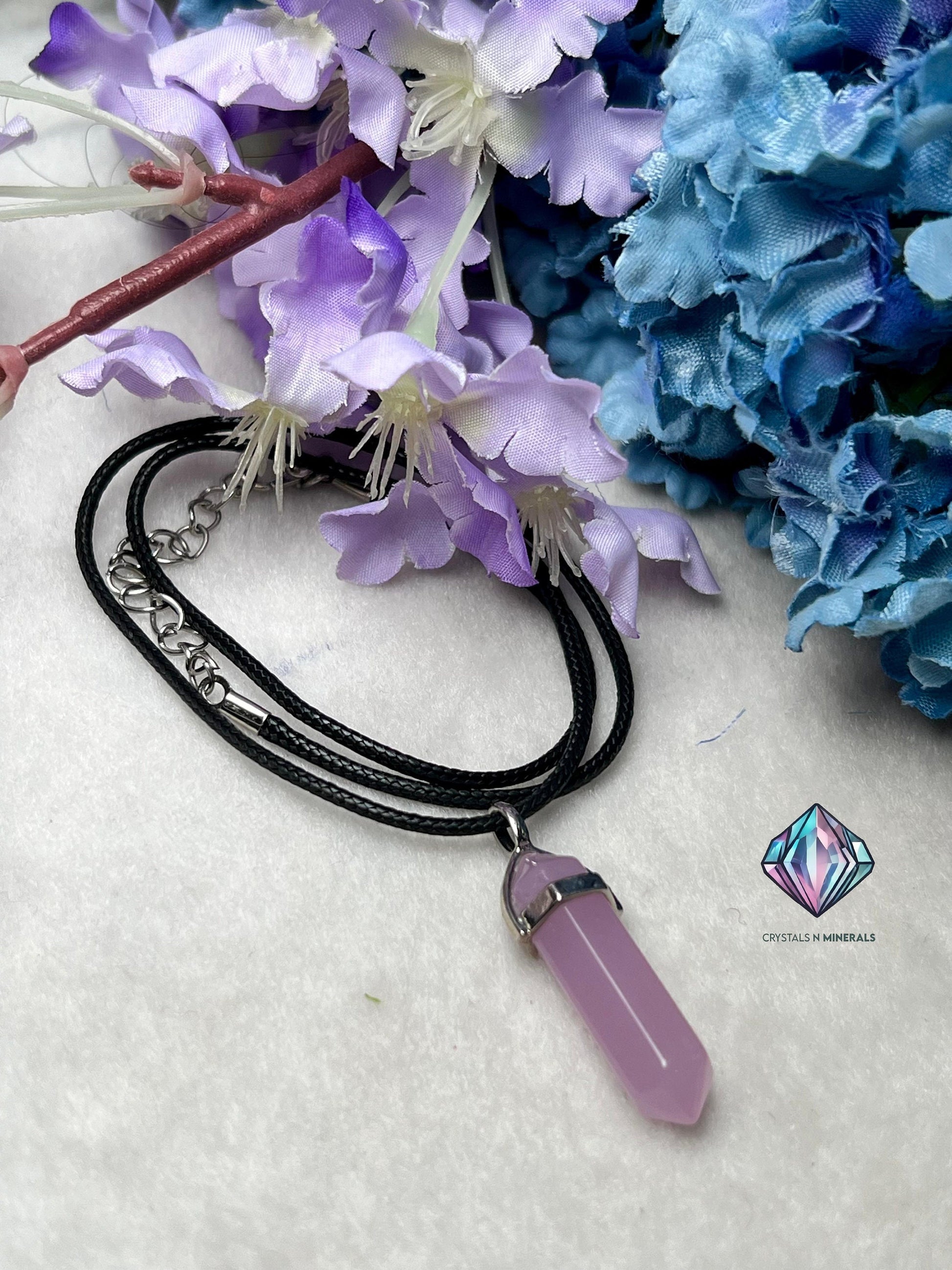 Blue Chalcedony Stone Double Point Pencil Pendant with Black Cord