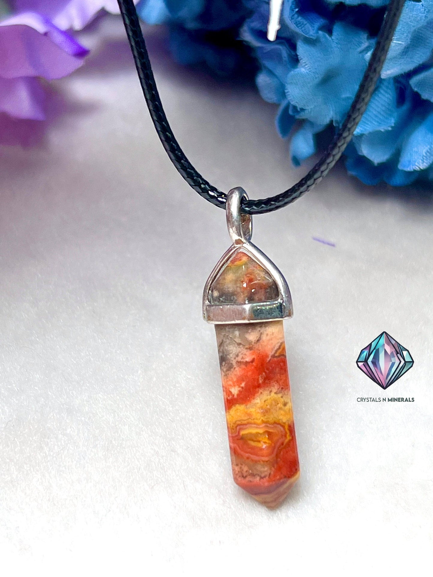 Crazy Lace Agate Stone Double Point Pencil Pendant with Black Cord