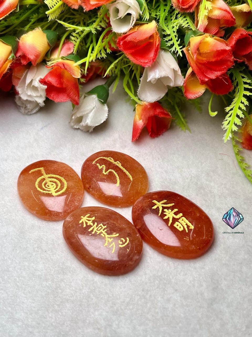 Orange Aventurine Stone Set Of 4 Usui Reiki Symbol Engraved Oval Shape Stone Cho Ku Rei l Sei Hei Ki l Hon Sha Ze Sho Nen l Dai Ko Myo