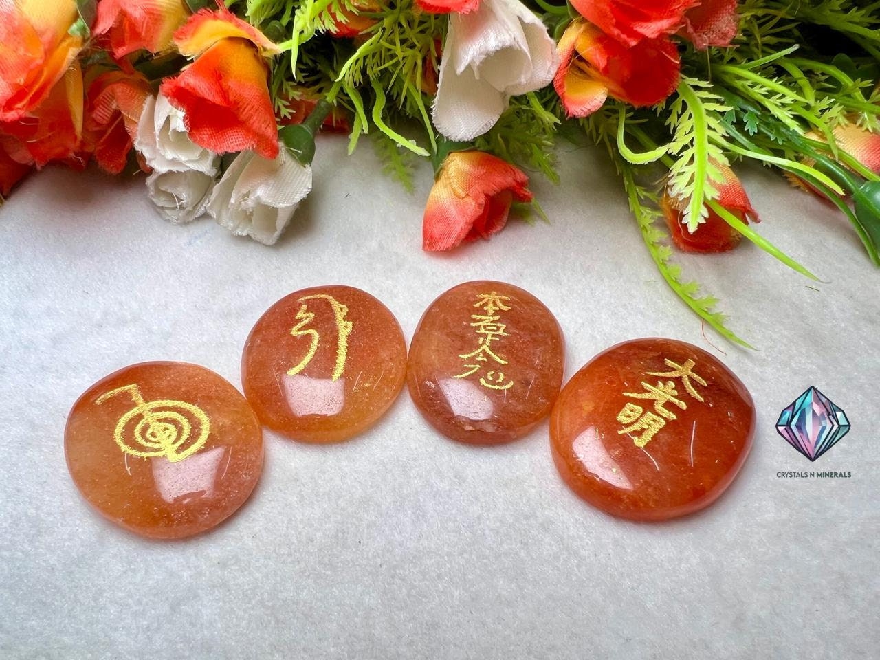 Orange Aventurine Stone Set Of 4 Usui Reiki Symbol Engraved Oval Shape Stone Cho Ku Rei l Sei Hei Ki l Hon Sha Ze Sho Nen l Dai Ko Myo