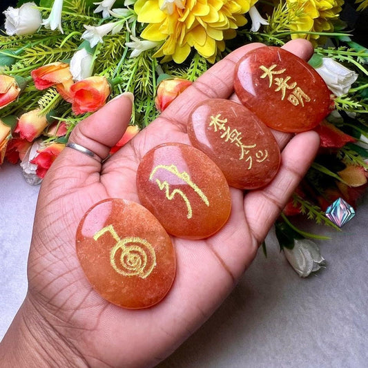 Orange Aventurine Stone Set Of 4 Usui Reiki Symbol Engraved Oval Shape Stone Cho Ku Rei l Sei Hei Ki l Hon Sha Ze Sho Nen l Dai Ko Myo