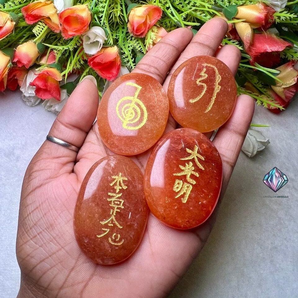 Orange Aventurine Stone Set Of 4 Usui Reiki Symbol Engraved Oval Shape Stone Cho Ku Rei l Sei Hei Ki l Hon Sha Ze Sho Nen l Dai Ko Myo
