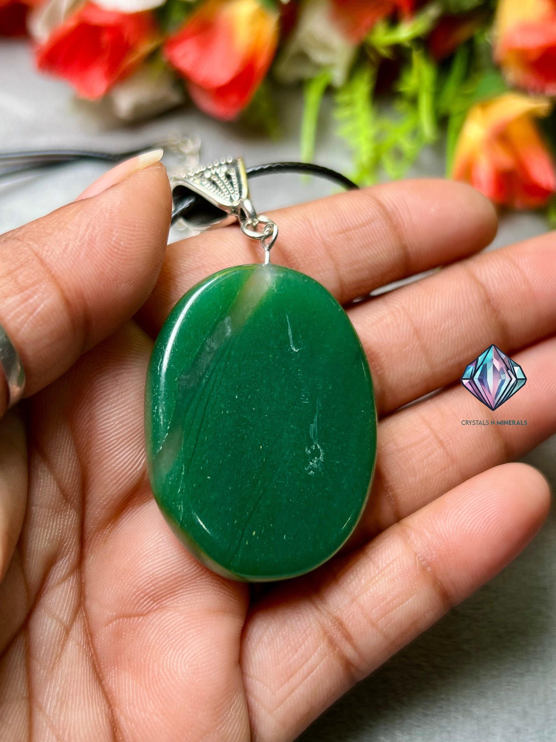Green Jade Stone Zibu SUCCESS Angelic Symbol Pendant with Black Cord