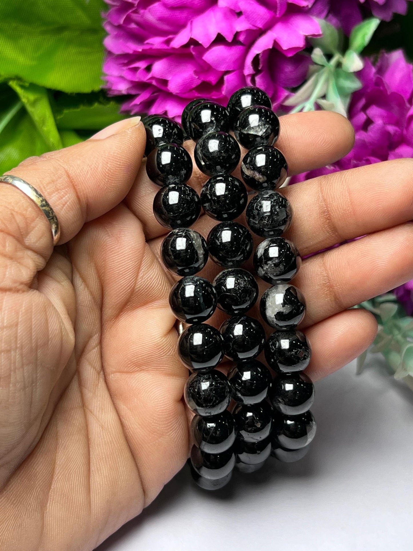 Black Tourmaline Stone Round Beaded Bracelet 6 MM 8 MM 10 MM Stretch Bracelet