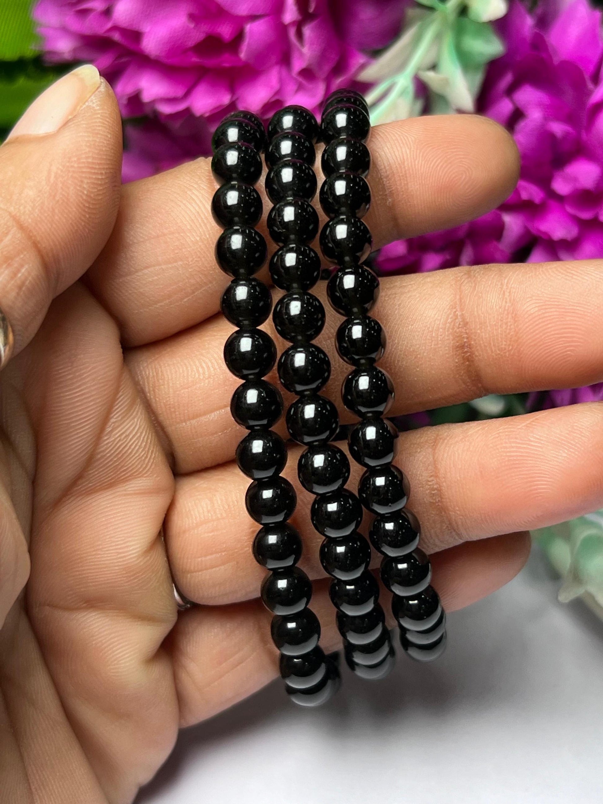 Black Tourmaline Stone Round Beaded Bracelet 6 MM 8 MM 10 MM Stretch Bracelet
