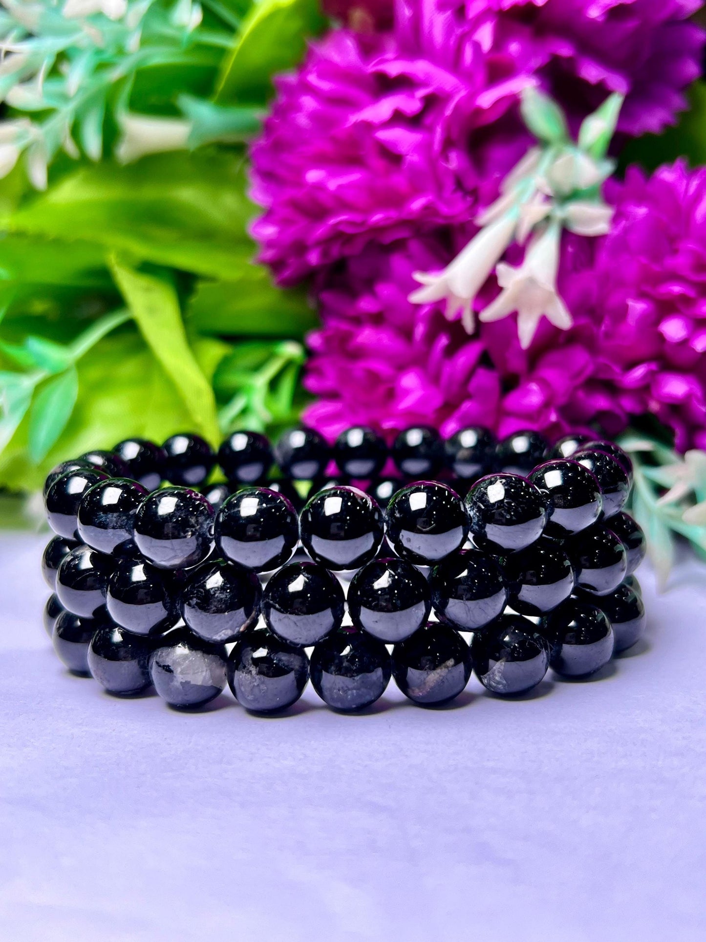 Black Tourmaline Stone Round Beaded Bracelet 6 MM 8 MM 10 MM Stretch Bracelet