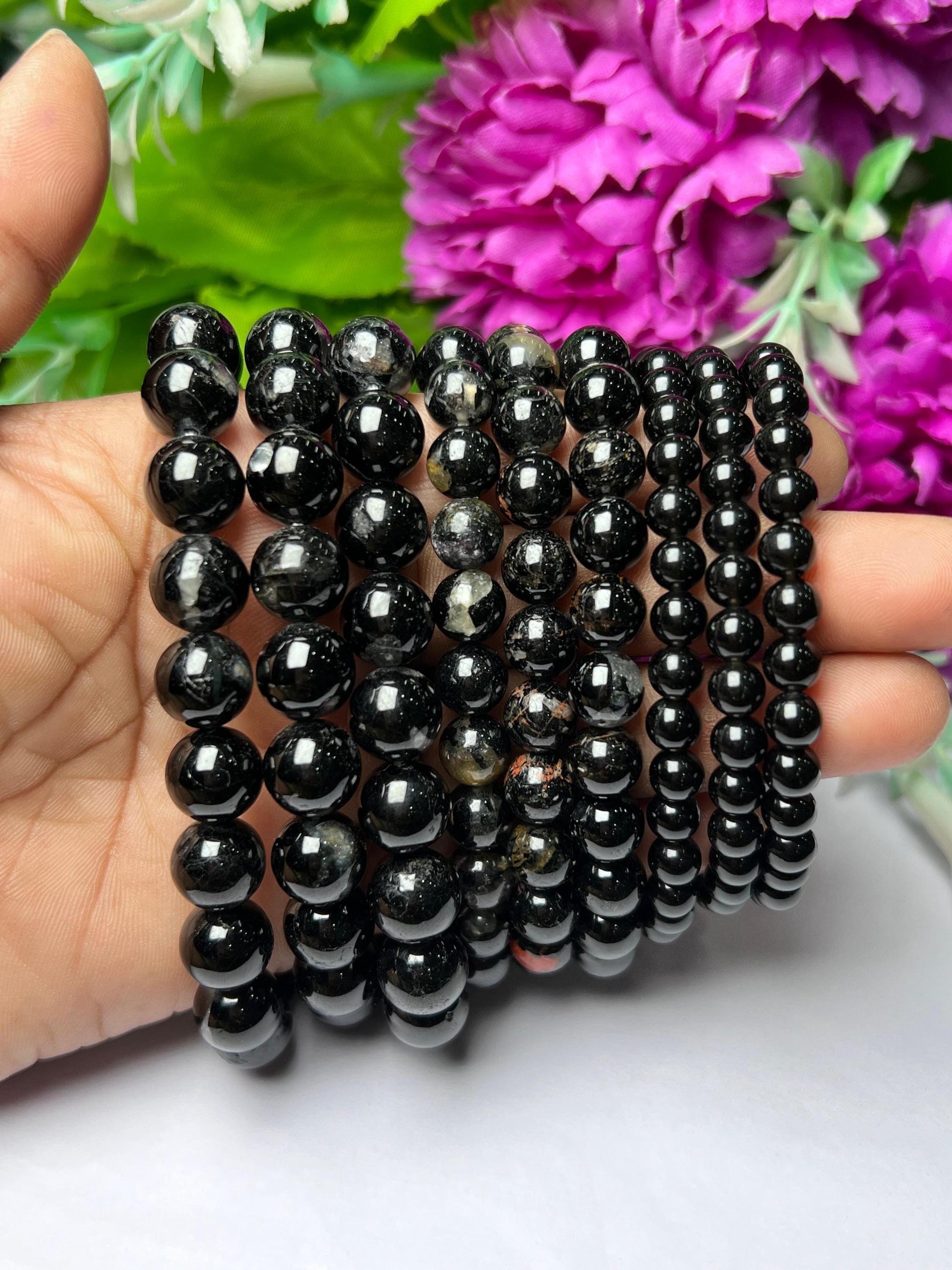 Black Tourmaline Stone Round Beaded Bracelet 6 MM 8 MM 10 MM Stretch Bracelet
