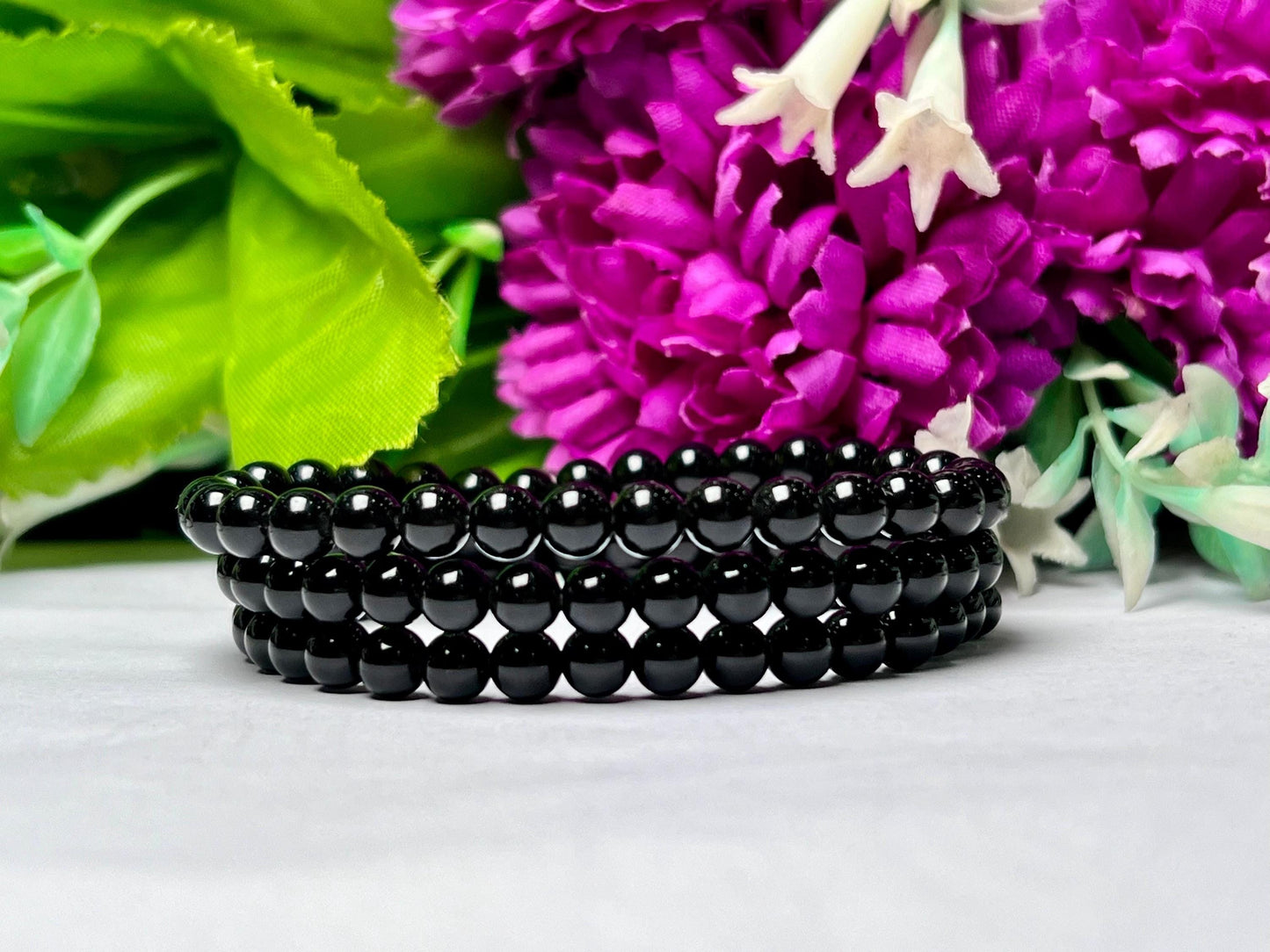 Black Tourmaline Stone Round Beaded Bracelet 6 MM 8 MM 10 MM Stretch Bracelet
