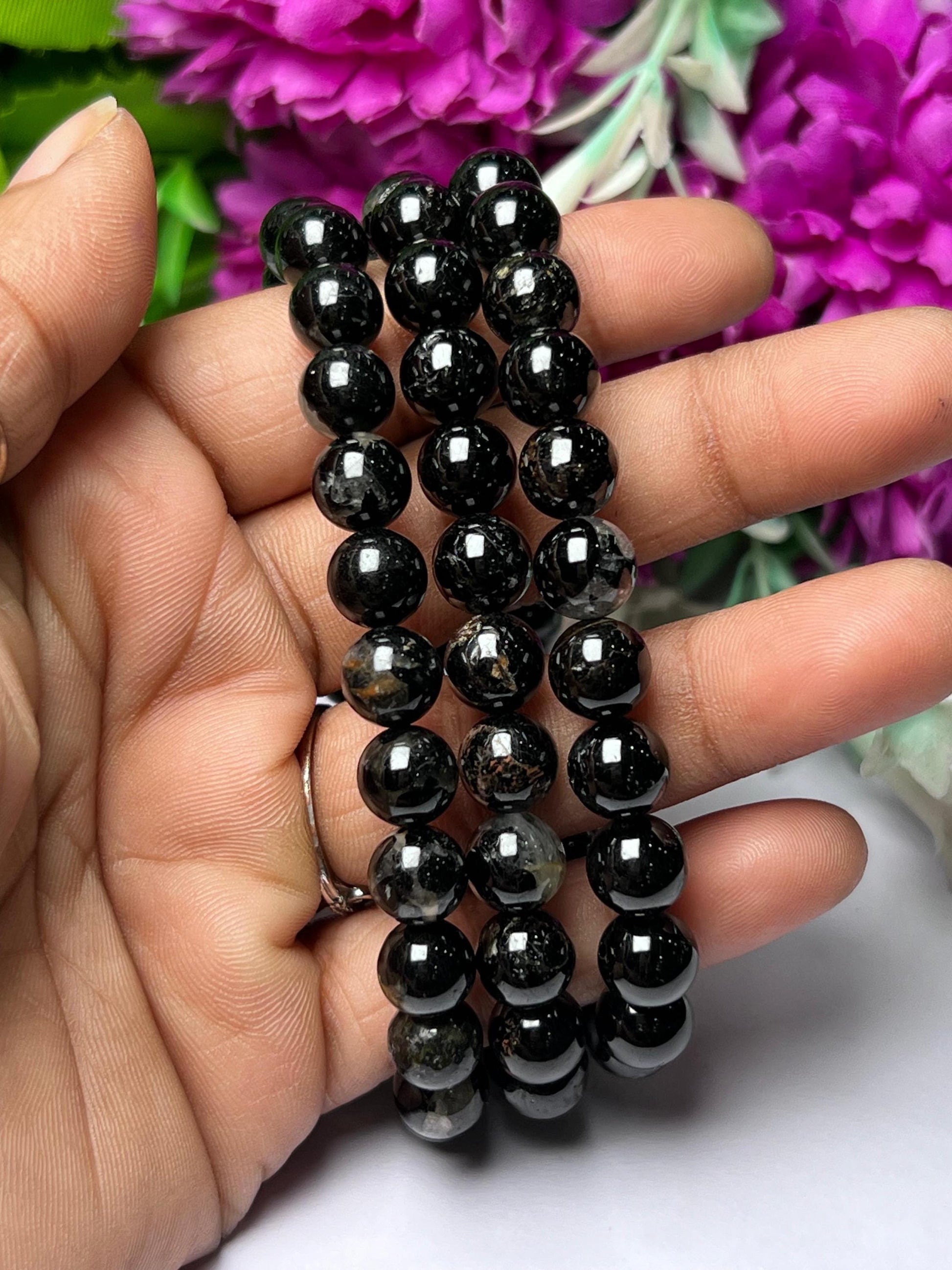 Black Tourmaline Stone Round Beaded Bracelet 6 MM 8 MM 10 MM Stretch Bracelet