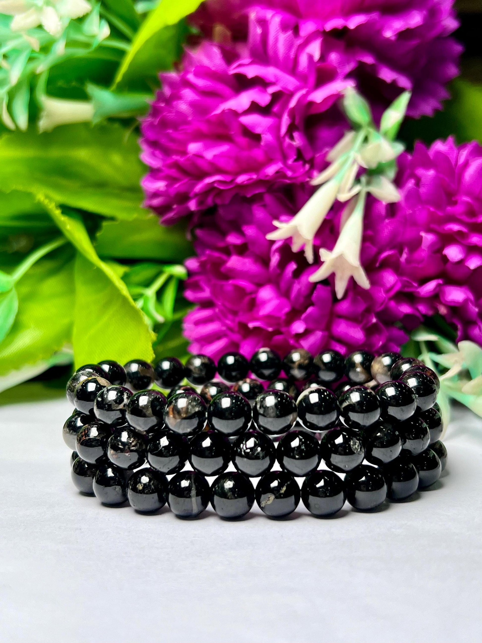 Black Tourmaline Stone Round Beaded Bracelet 6 MM 8 MM 10 MM Stretch Bracelet