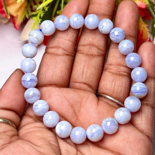 14 MM Bluelace Agate Stone Bracelet l Stretchable Bracelet l Unisex Bracelet