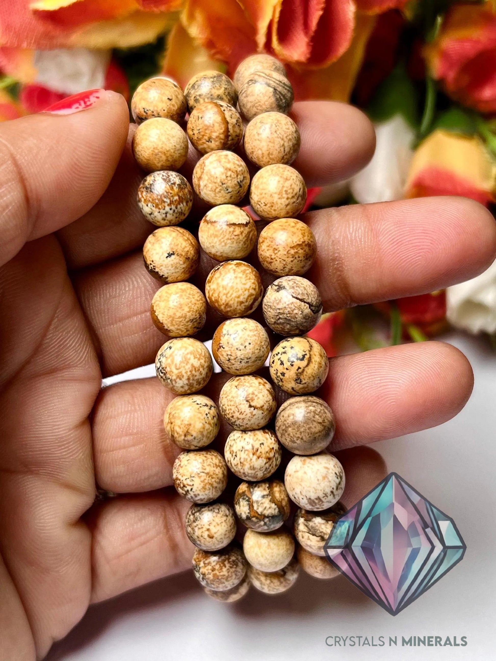 Picture Jasper Stone Bracelet l Stretchable Bracelet l Unisex Bracelet l 8 MM Bracelet