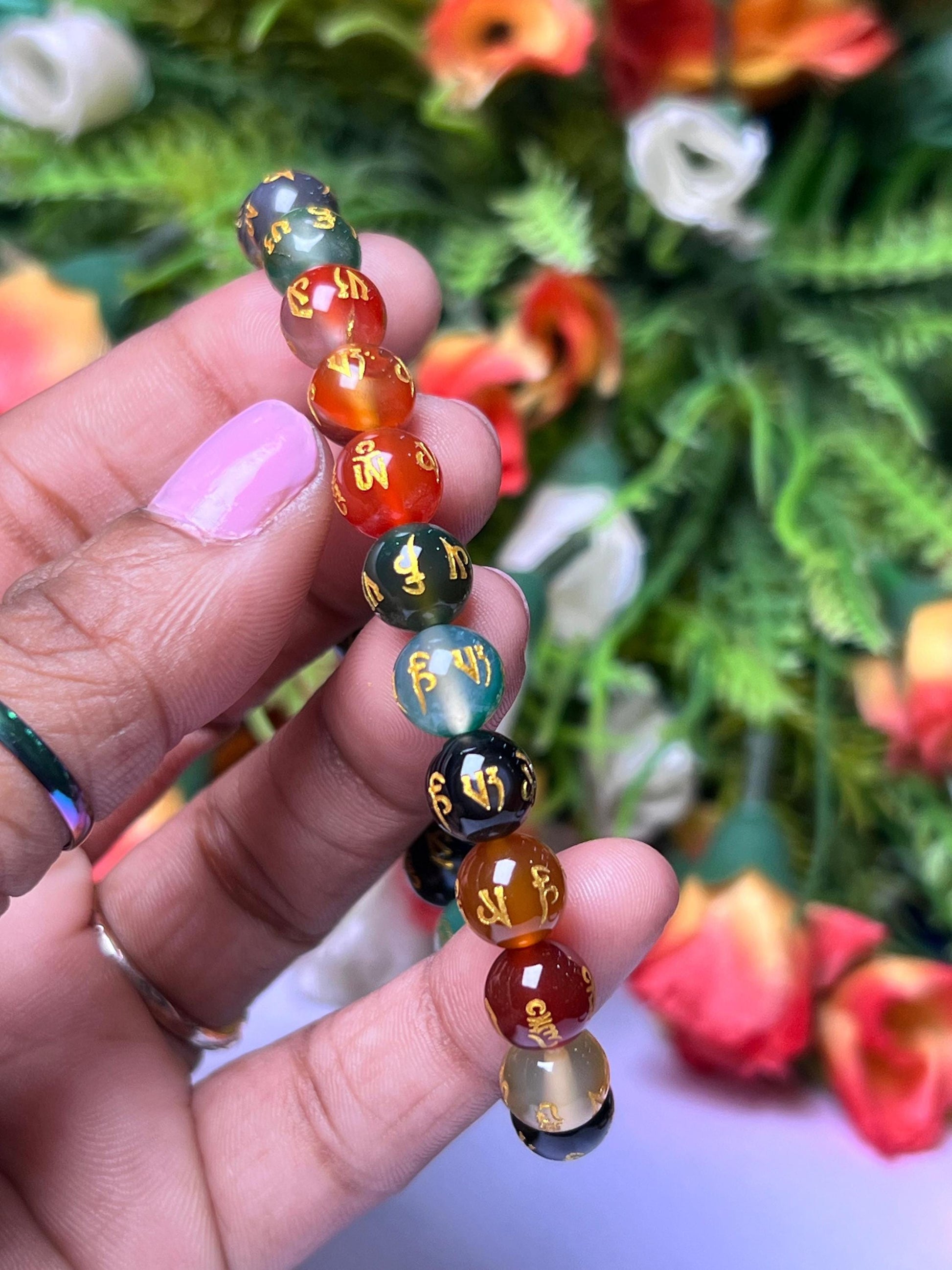 10 MM Om Mani Padme Hum Multi Onyx Stone Bracelet l Stretchable Bracelet l Unisex Bracelet