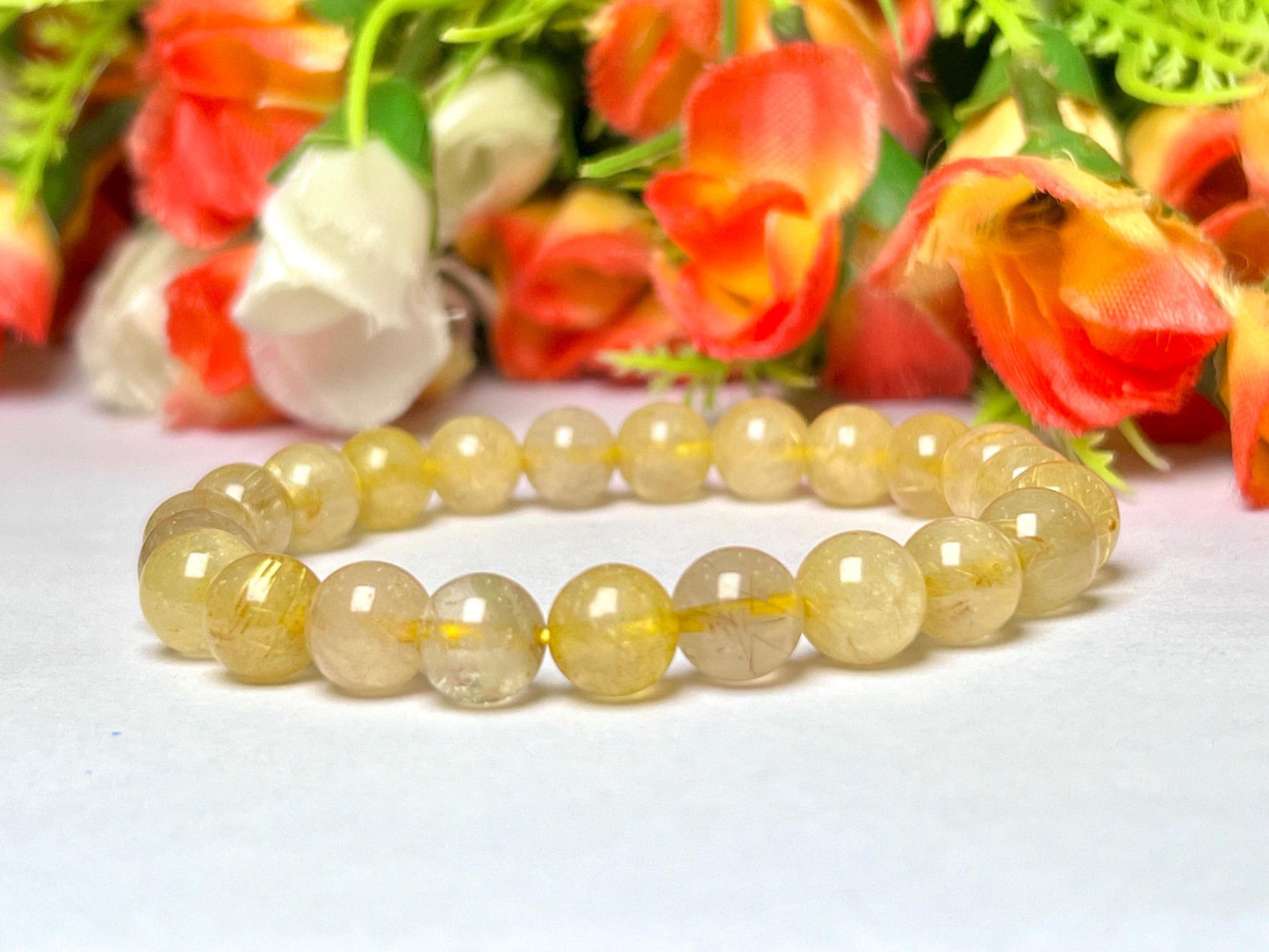 Golden Rutilated Quartz Stone Bracelet l Stretchable Bracelet l Unisex Bracelet l 8 MM Bracelet